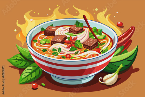 A fragrant and flavorful bowl of pho soup filled with tender beef, rice noodles, fresh herbs, and spicy chili sauce, a comforting Vietnamese favorite