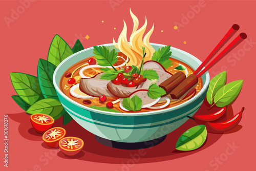 A fragrant and flavorful bowl of pho soup filled with tender beef, rice noodles, fresh herbs, and spicy chili sauce, a comforting Vietnamese favorite