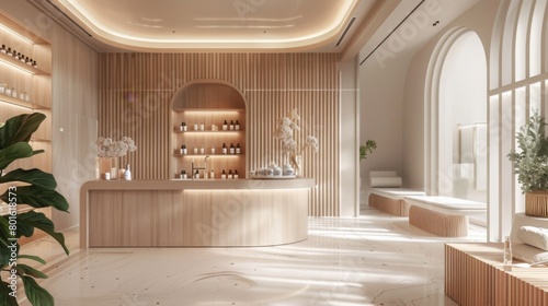 A serene spa reception area featuring a wooden desk, archway entrances, and minimalist decor illuminated by natural light. photo