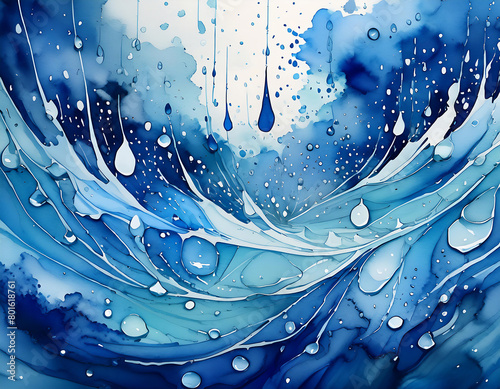 abstract watercolor waves and water drops on blue background paint splash backdrop wallpaper (ID: 801618761)
