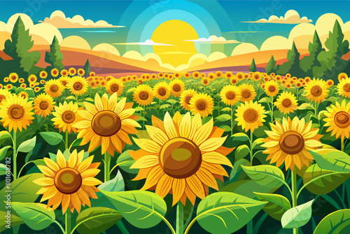 A field of sunflowers in full bloom, their bright yellow petals turned towards the sun in summer