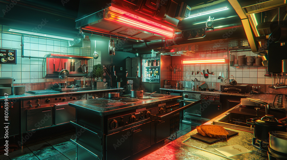 Cyberpunk Kitchen: Holographic holograms, chrome countertops, and robotic sous-chefs.