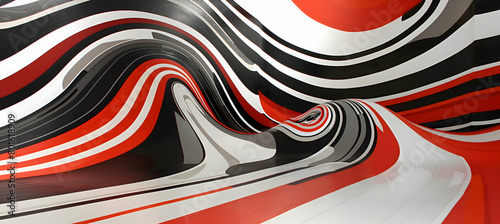 An HD image of a modern art installation with dynamic, fluid shapes and bold contrasting colors of red, black, and white, capturing a sense of motion and complexity