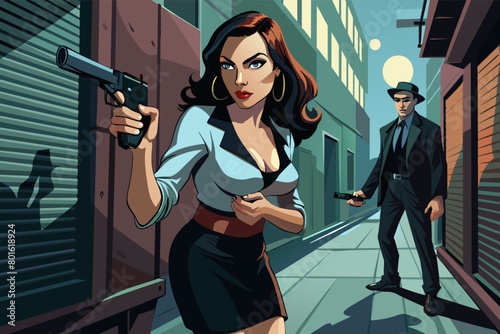 A female gangstar robbing a man with pistole illustration