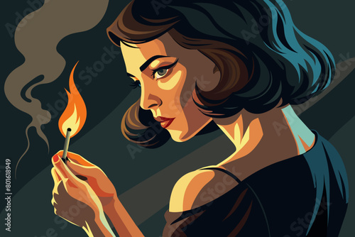 A femme fatale lighting a match with a flick of her thumb, her face illuminated by the flame as she gazes into the distance with a look of longing