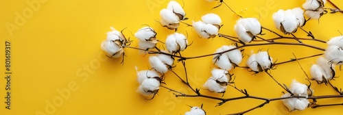 A beautiful sprig of cotton on a yellow background  a place for text. Delicate white cotton flowers.