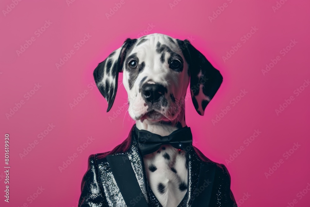Fashionable Dalmatian Puppy in Sparkling Tuxedo with Bow Tie on Pink Background - Elegant, Pet Fashion, Stylish, Portrait, Cute