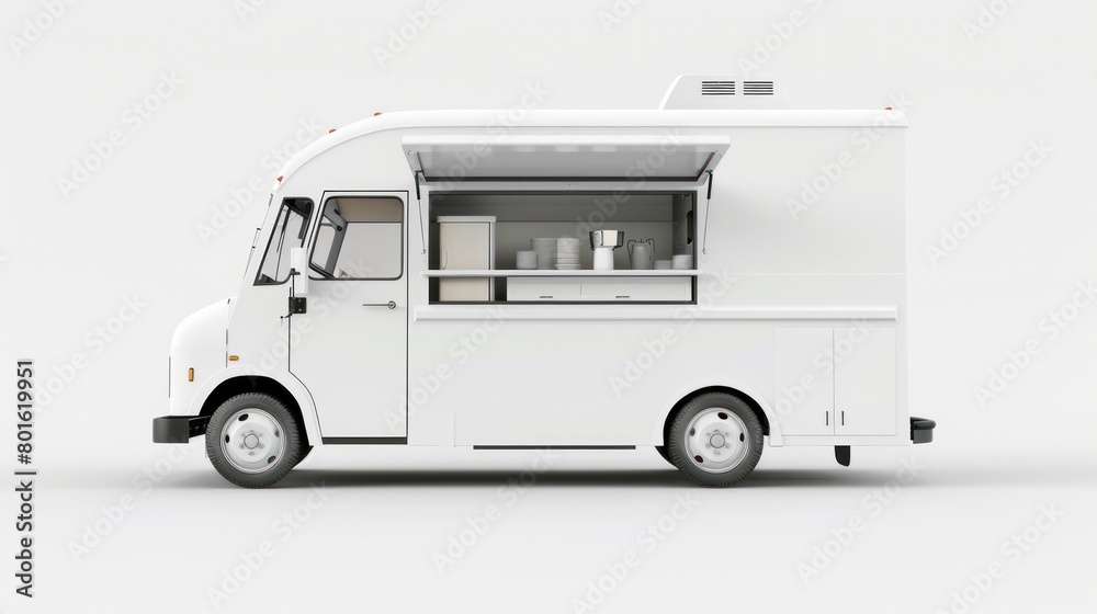 Food truck vehicle in white color Isolated white background. AI generated image