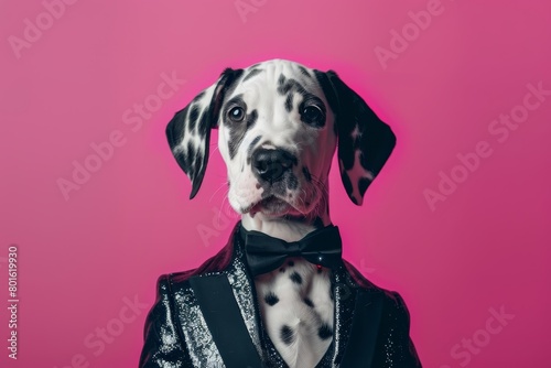 Fashionable Dalmatian Puppy in Sparkling Tuxedo with Bow Tie on Pink Background - Elegant, Pet Fashion, Stylish, Portrait, Cute © Bernardo