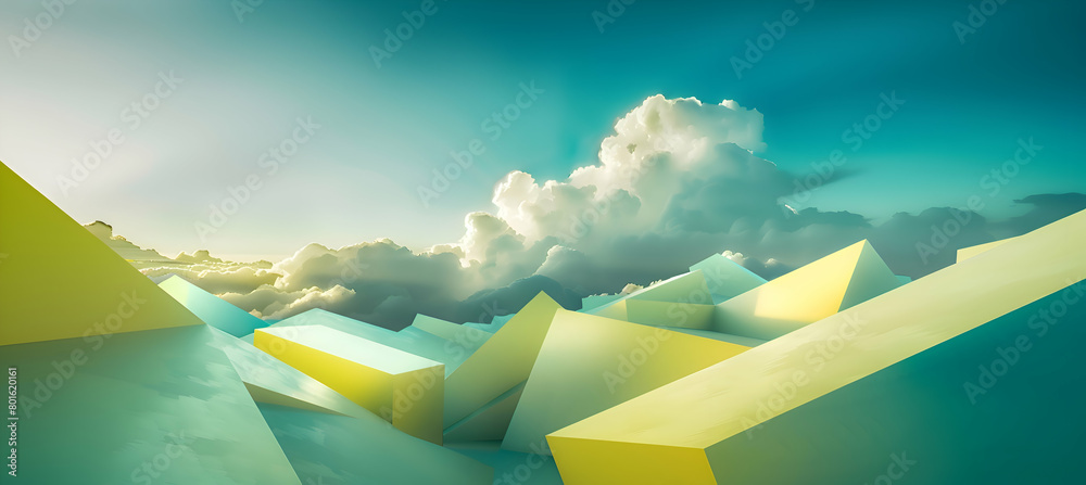 Artistic abstract design blending soft lime geometric elements with sky blue, photographed in realistic HD