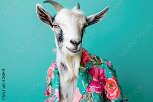 Chic Goat in Floral Jacket on Teal Background - Fashionable, Pet Portrait, Stylish, Quirky, Unique