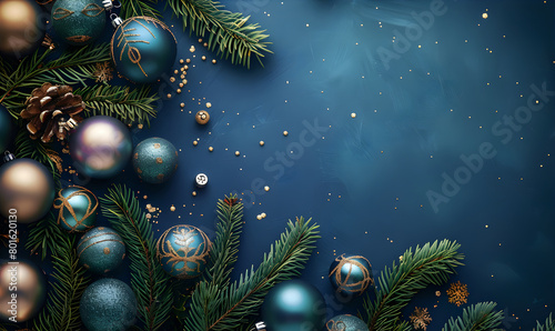 Elegant New Year's blue background frame with New Year's balls and Christmas tree branches. Happy New Year and Merry Christmas greeting card. © Alexey
