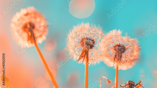 Flying dandelions on a soft sky background created with Generative AI