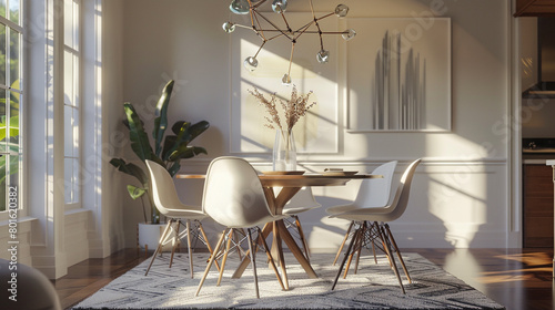 Mid-Century Modern Dining Room: Eames chairs, a tulip table, and a geometric chandelier. #801620382