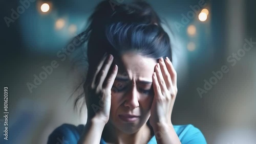 A deeply moving image of a distraught woman, hands clutching her head in a moment of profound sadness or loss. Depression and apathy. The girl is holding her head. Sad mood photo