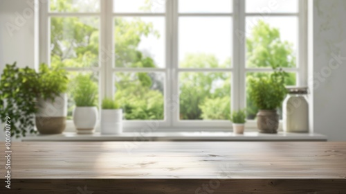 Closeup kitchen wooden counter top interior design on blurred window background. AI generated image