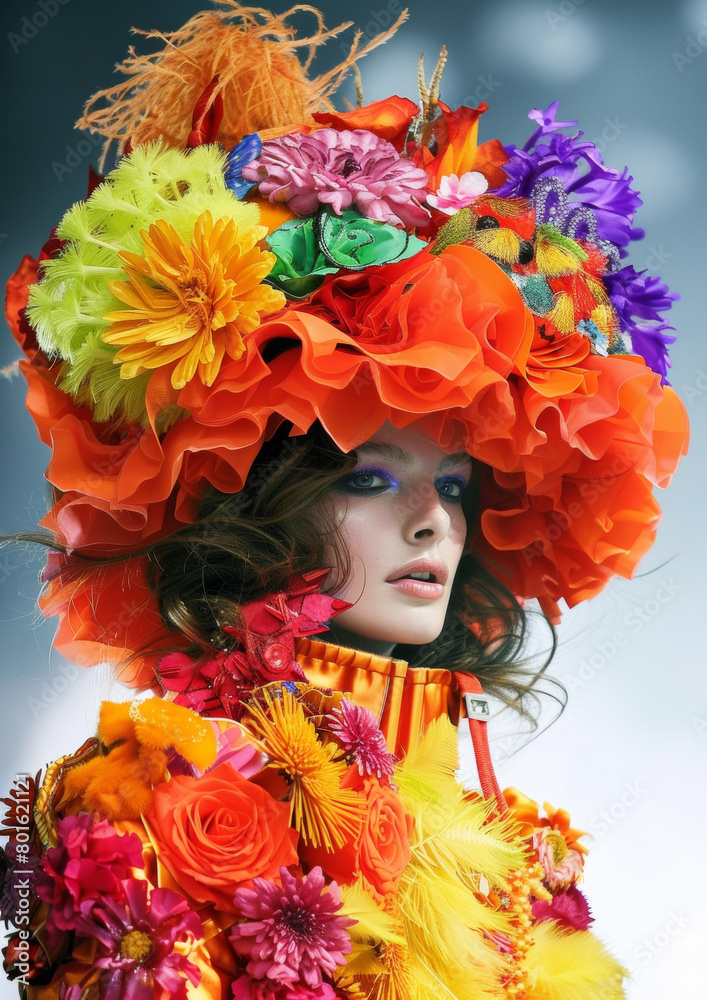 A woman wearing a colorful flowery hat and dress A woman wearing a colorful flowery hat and dress