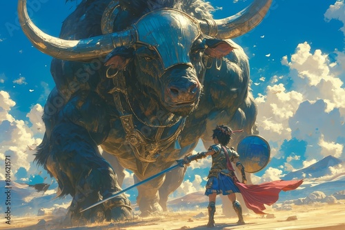 A little boy in armor faces an enormous minotaur, the Minosian beast from Greek mythology, on flat ground in a desert.  photo