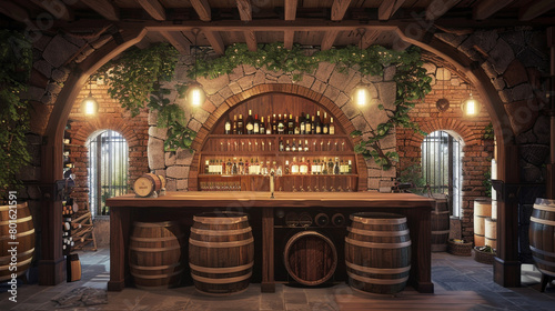 Rustic Wine Tasting Room: Oak barrels, wine crates, and a sommelierâ€™s tasting bar.