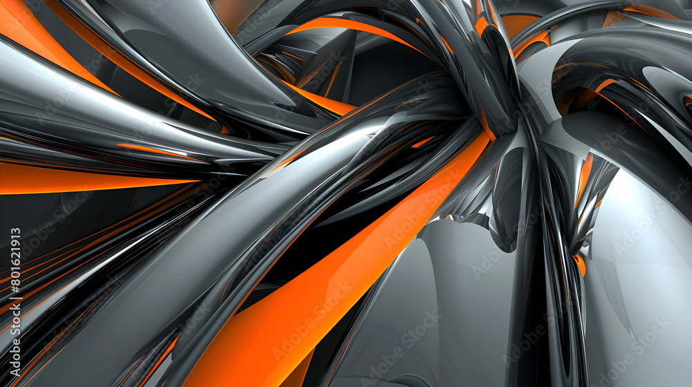 Contemporary abstract wallpaper featuring sleek lines and sharp forms, dramatic contrast of charcoal grey and neon orange, resembling an HD photograph