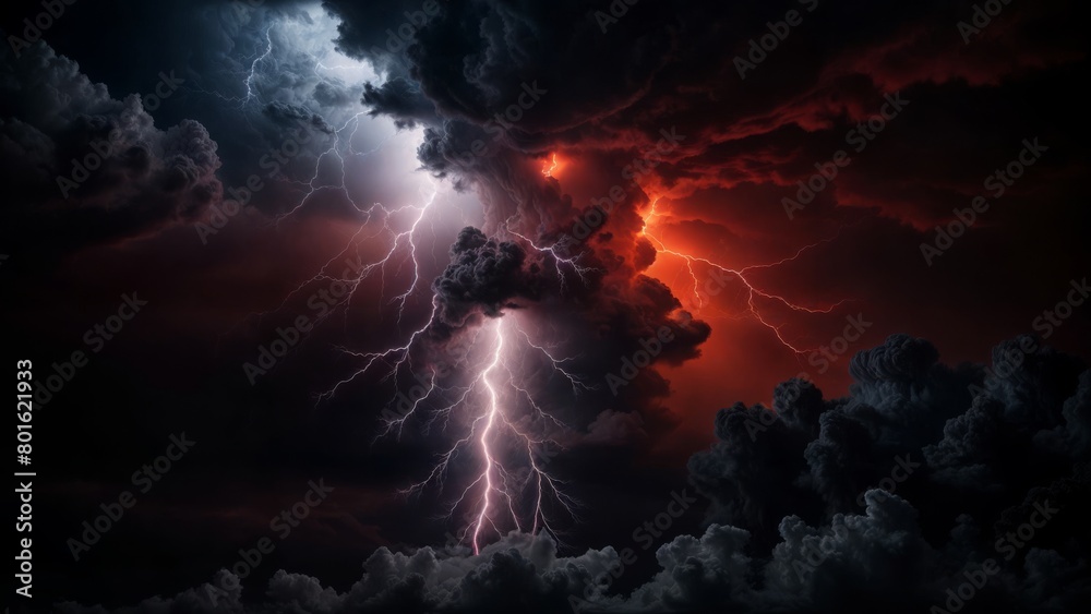 Fototapeta premium A powerful red lightning effect striking through a dark cloud on a black background.