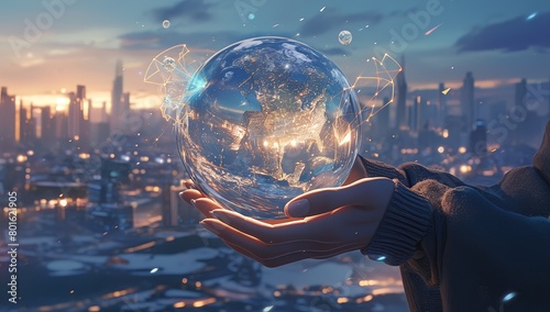A pair of hands holding an illuminated glass sphere containing the Earth  with blurred city lights in the background  symbolizing global connectivity and digital transformation. 