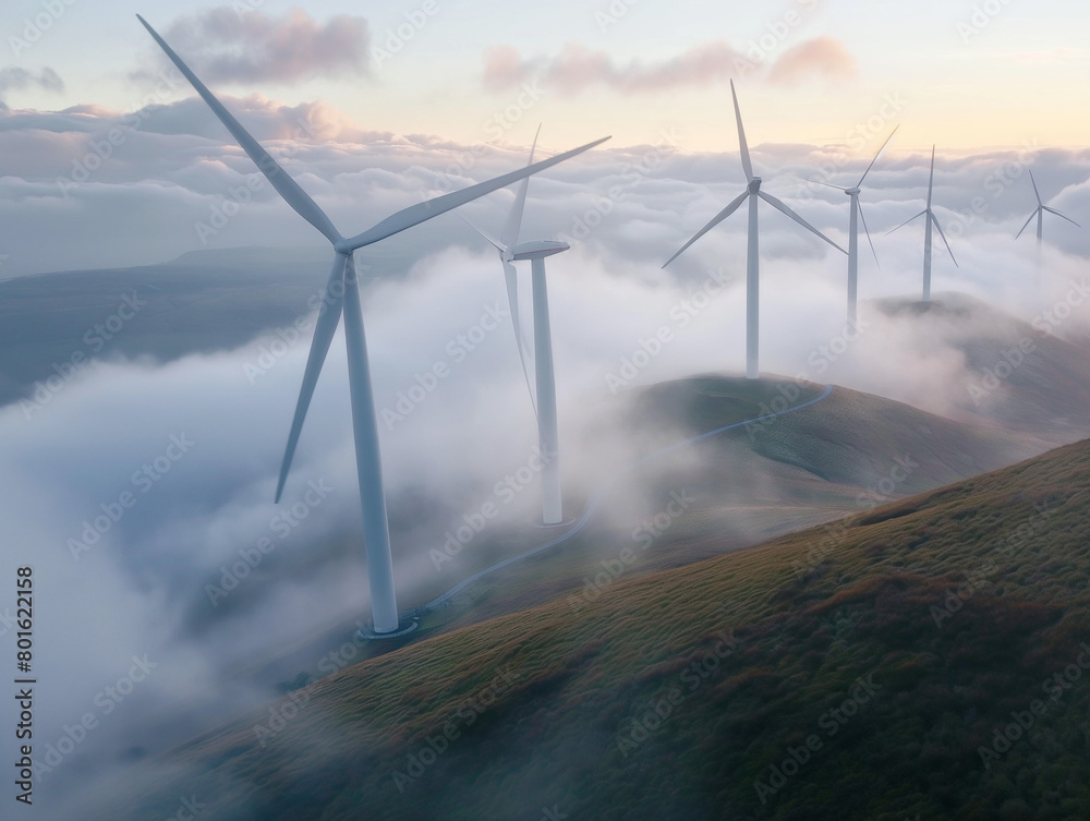 Fototapeta premium Majestic wind turbines rise above cloud-covered hills at dawn, harnessing wind energy in a tranquil landscape.