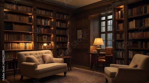 Cozy Ambiance with Tall Bookshelves, Soft Chairs, Warm Lighting - Reading, Relaxation, Education, Serenity, Literary Escape, Leisure Haven