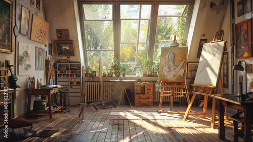 Sunlit Artistâ€™s Studio: Easels, skylights, and a vintage drafting table. photo