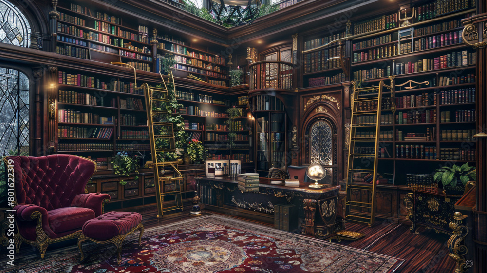 Victorian Library: Floor-to-ceiling bookshelves, a rolling ladder, and velvet armchairs.