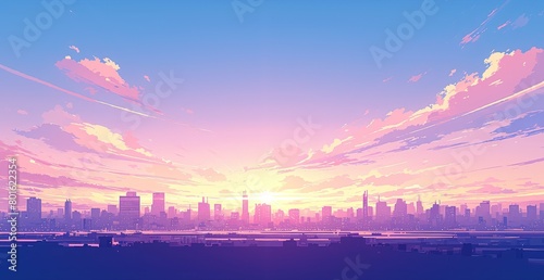 A purple sky with the sun rising over the city skyline