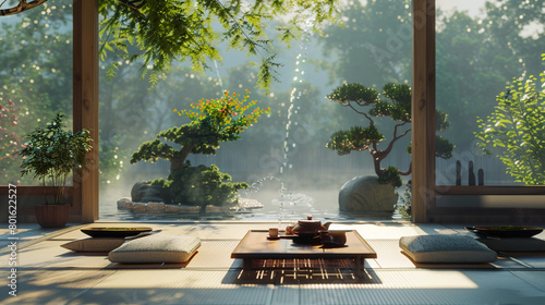 Zen Meditation Space: Tatami mats, bonsai trees, and a trickling water fountain.