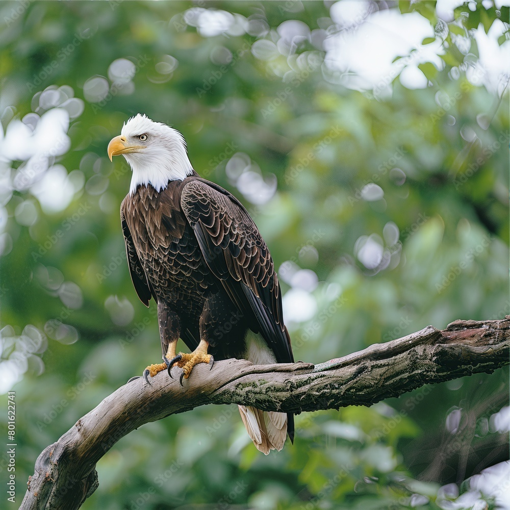 Obraz premium Bald Eagle perched on a leafy branch, poised and vigilant, with a lush green backdrop creating a natural and serene scene