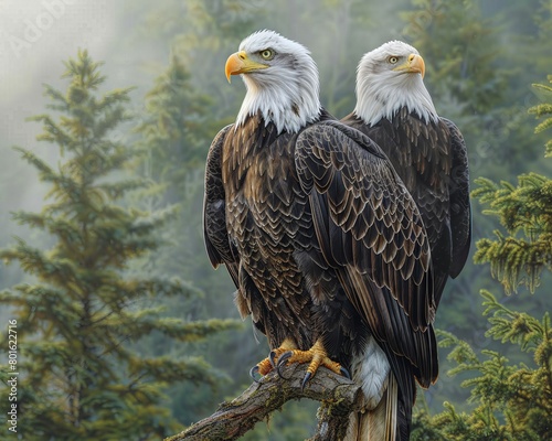 Portrait of two Bald Eagles perched together on a tree branch  showcasing their commanding presence and the deep connection between these majestic birds