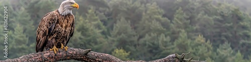 Wide shot of a Bald Eagle perched majestically on a thick tree branch  with a dense  misty forest in the background emphasizing the eagle s imposing presence