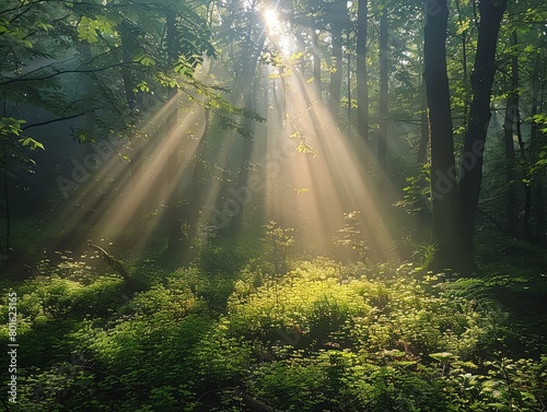 Forest bathing in an ancient woodland  sunlight filtering through dense foliage  a tranquil retreat