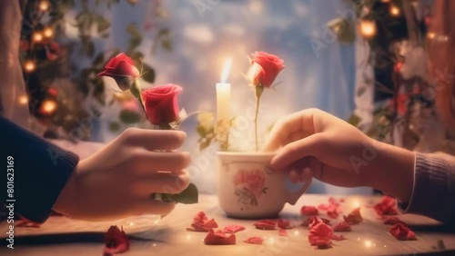 A pair of hands delicately hold roses in place of glasses, proposing a toast amidst a romantically lit setting with candlelight and scattered petals. Romantic background for Valentine's Day photo