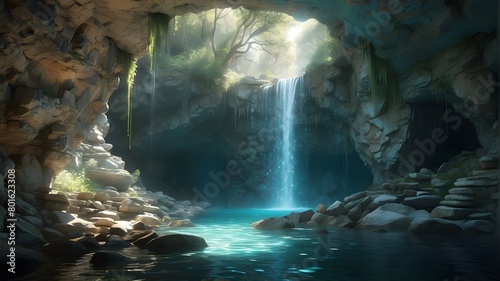 waterfall in the cave, A cascade of water plunges into a hidden grotto, its turquoise depths shrouded in mystery. Sunlight filters through the canopy above, casting dappled shadows on the tranquil sur