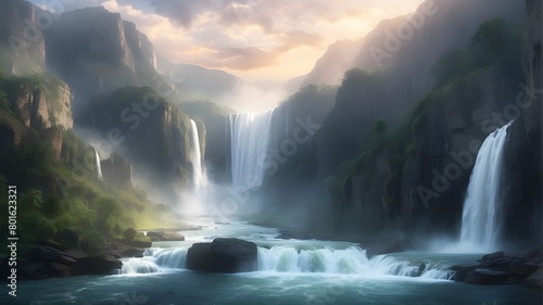 Veils of mist rise from the base of a thundering waterfall, enveloping the surrounding cliffs in an ethereal glow. The roar of rushing water fills the air, creating a symphony of sound in the heart of