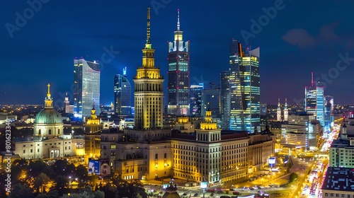 Illuminated city skyline at night  modern architecture meets historic buildings. Urban landscape  travel destination. Perfect for postcards. AI