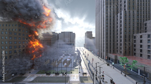 攻撃される未来都市の風景　3DCGレンダリング