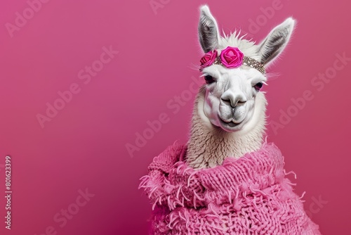 Luxurious Llama in Chic Pink Poncho and Floral Headband on Pink Background - Stylish, Pet Fashion, Elegant, Portrait, Quirky