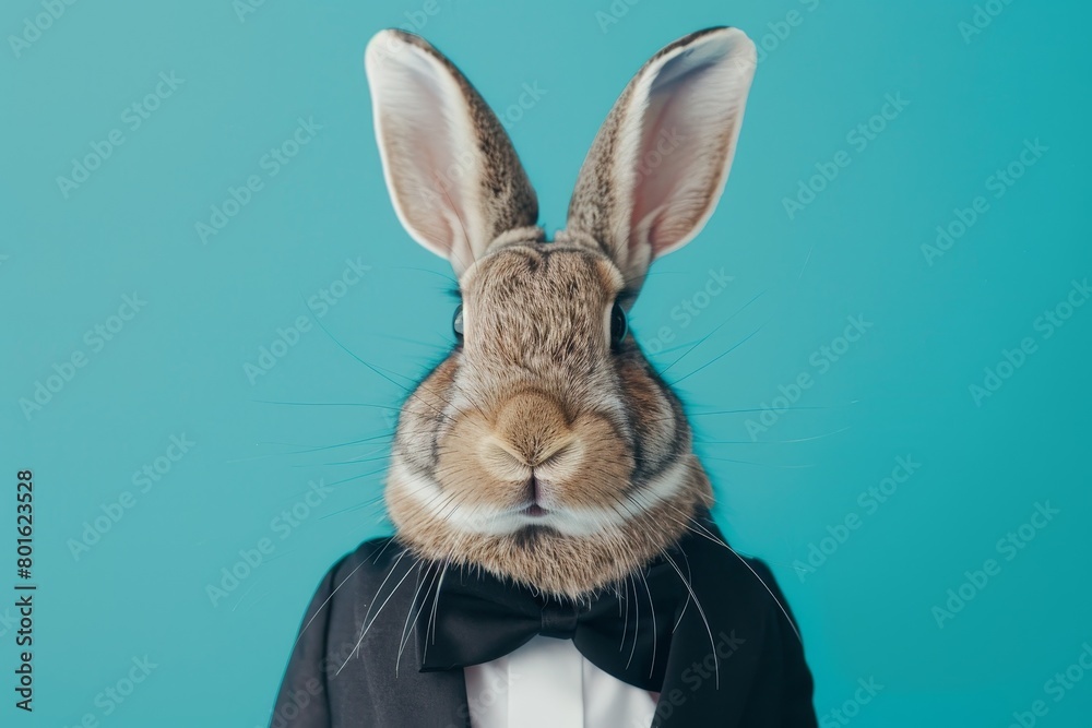 Regal Rabbit in Miniature Silk Tuxedo on Teal Background - Elegant ...
