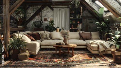 A cozy attic conversion with a plush sectional sofa  a wooden coffee table  and a vintage rug