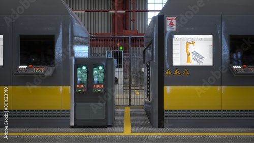 Innovative machinery with advanced control panels and touchscreens in futuristic factory. Computerized equipment units in high tech factory used for operational tasks, 3D render