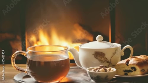A steaming cup of tea sits invitingly beside a teapot and a fresh pastry, with the comforting glow of a fireplace in the background. A cozy, homey atmosphere. Hot tea with sweets photo