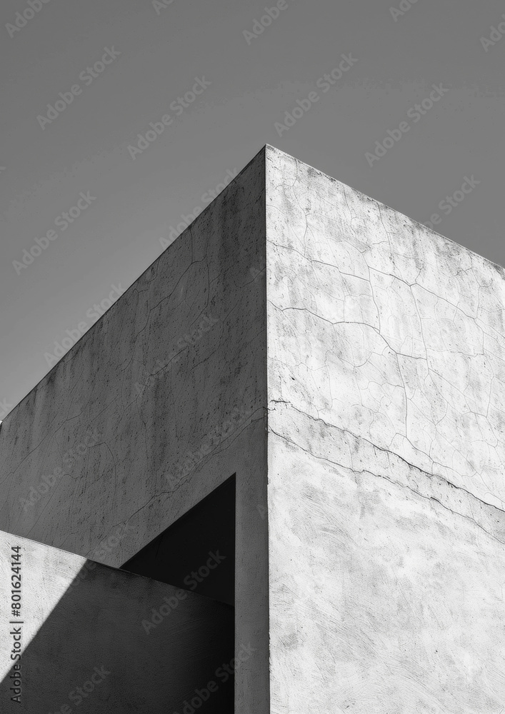 A large concrete building with a corner cut off