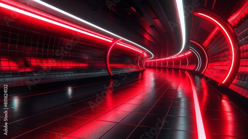 A red and white lights are shining down a tunnel, AI