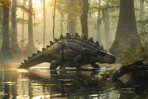 Capture the serene scene of an Ankylosaurus foraging for plants in a lush forest, illustrating the gentle feeding habits and herbivorous nature of these well-protected giants photo