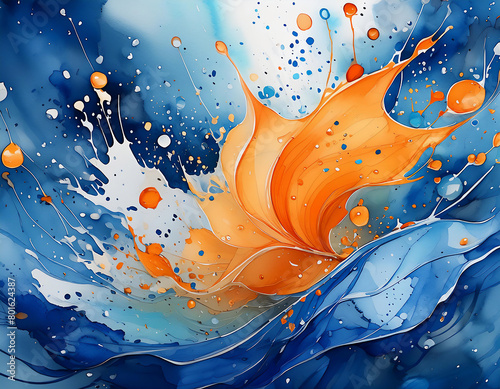 abstract watercolor background blue and orange paint splash backdrop wallpaper decoration (ID: 801624387)